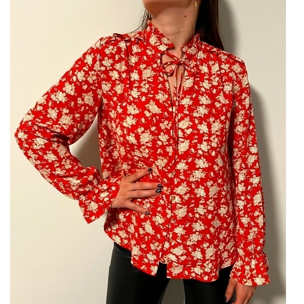 Zara Floral Tie Front Ruffle Detail Button Panel Blouse / medium